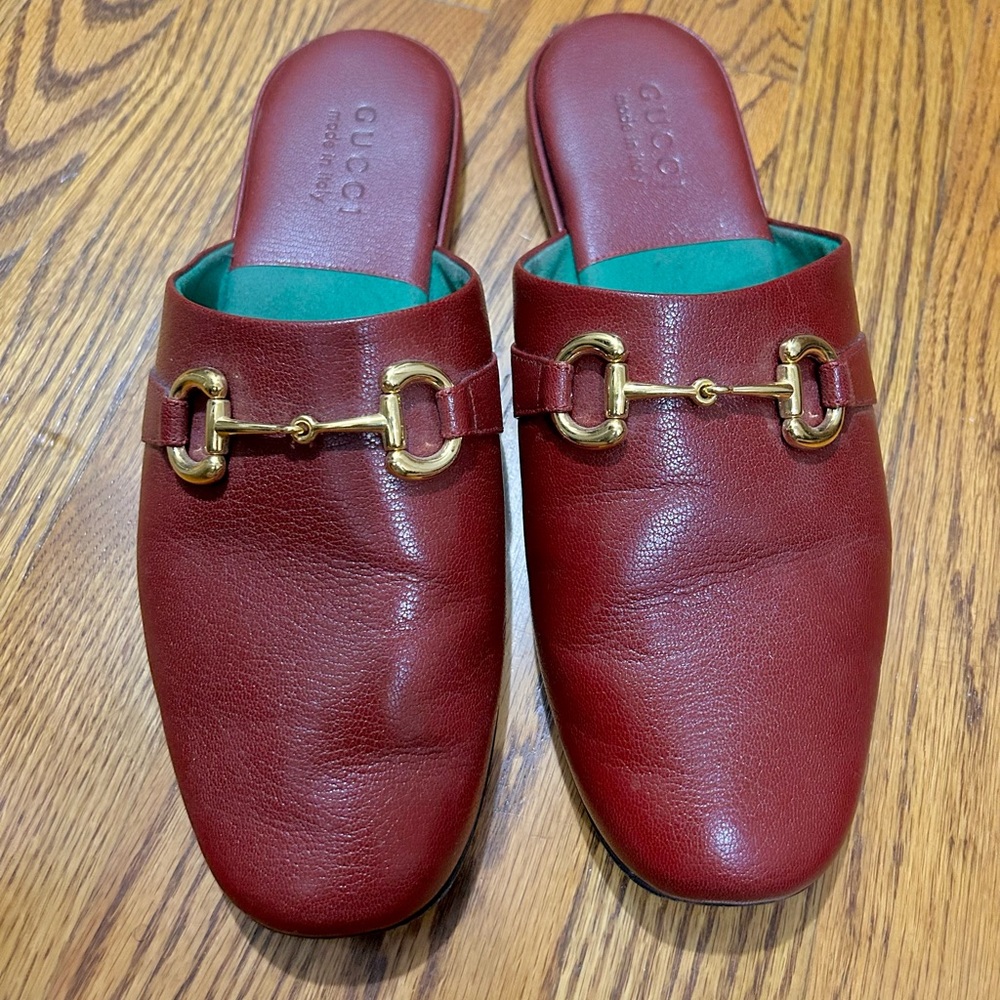 Gucci Red Leather Loafers with Gold Hardware